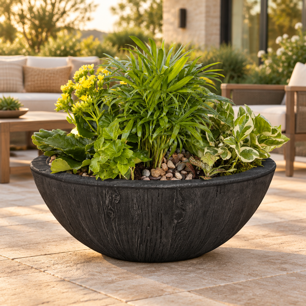 Sedona ebony wood grain planter on a landscaped patio