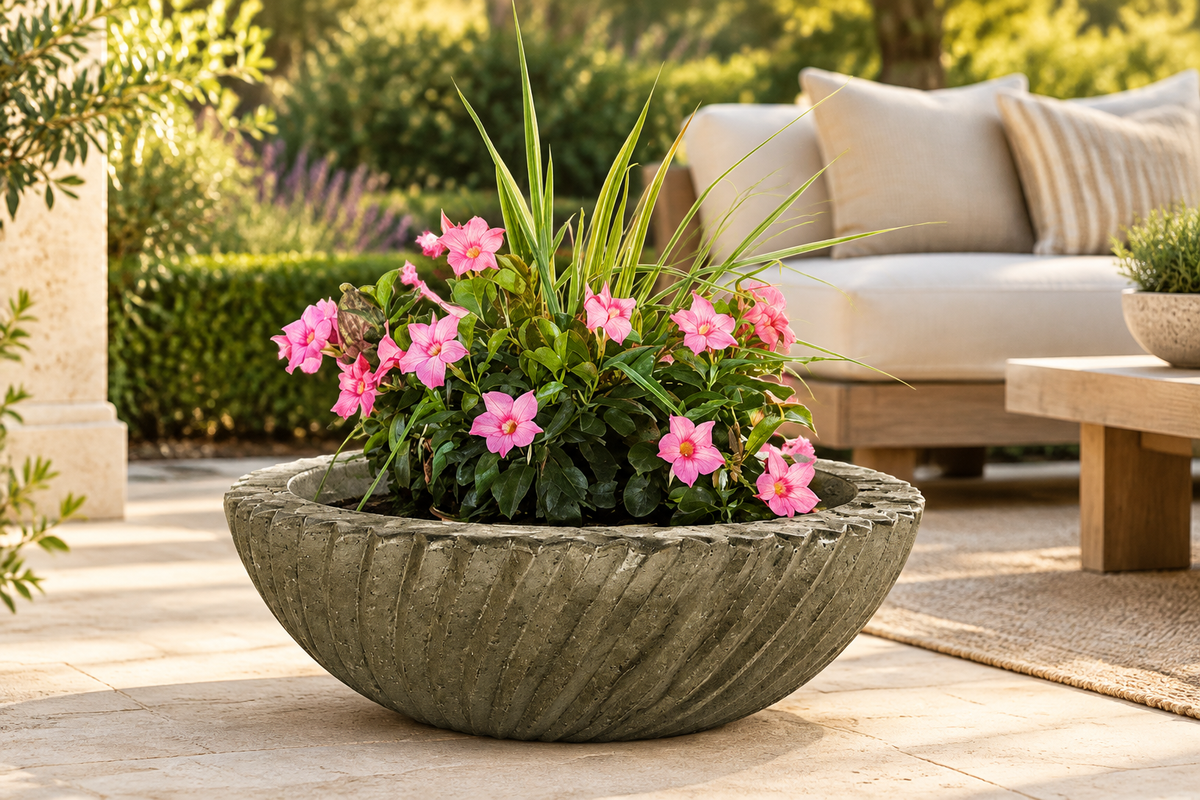 Sedona planter in Rustic Moss Stone on an elegant outdoor terrace