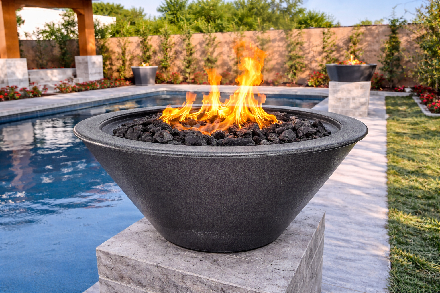 The Outdoor Plus - Round Cazo Powder Coated Metal Fire Bowl - Silver Vein