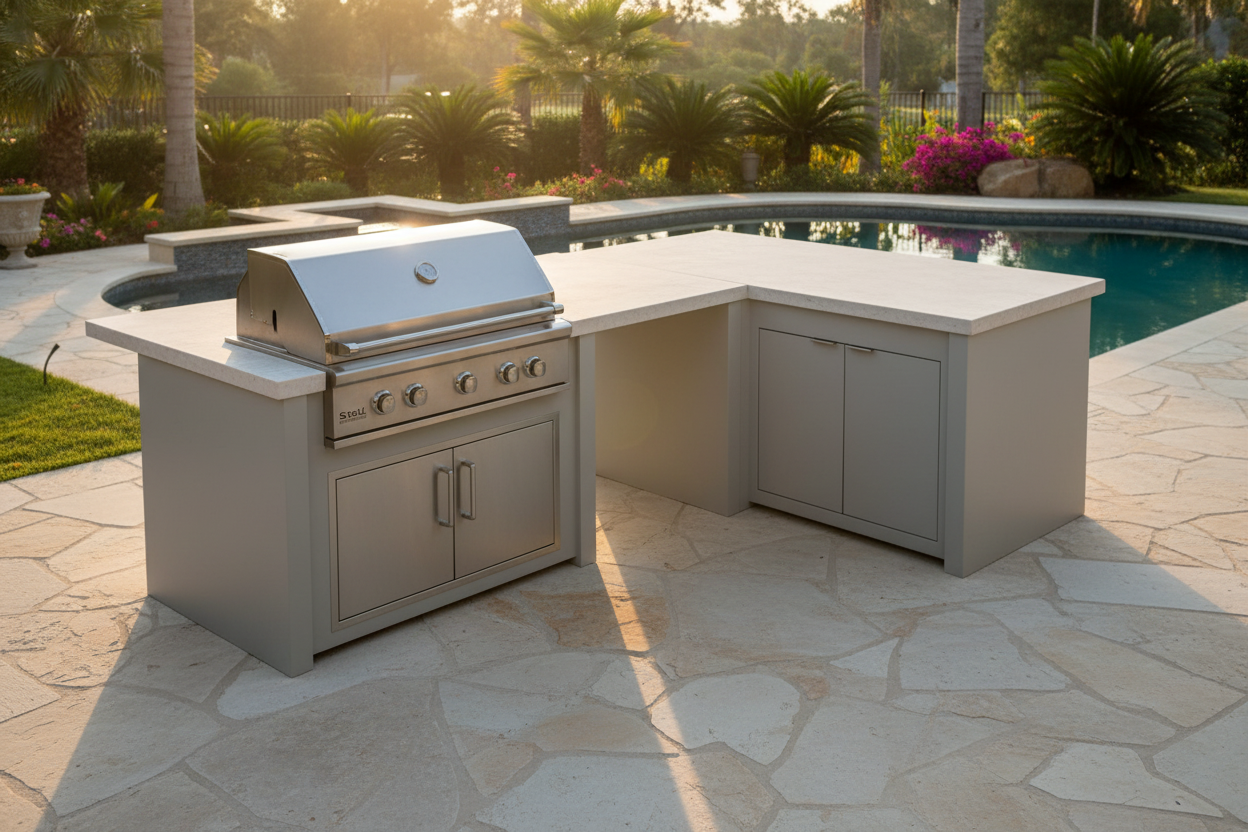 An outdoor kitchen island set with a stainless steel gas grill and light gray cabinets, built into a U-shaped stone patio poolside.