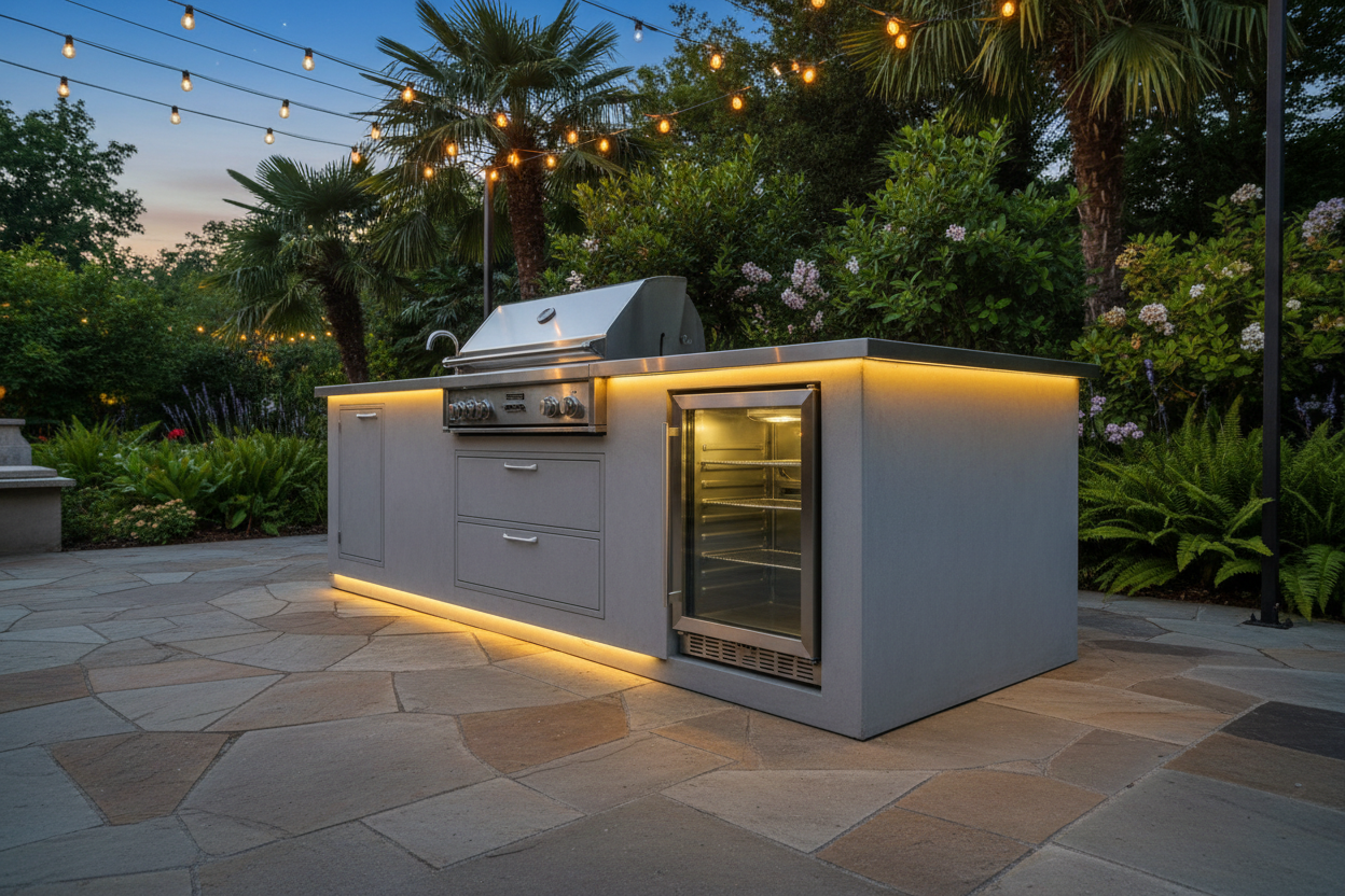 Outdoor kitchen island with a stainless steel gas grill, drawers, and a glass-door refrigerator, set on a stone patio in a landscaped garden at dusk with string lights and palm trees.