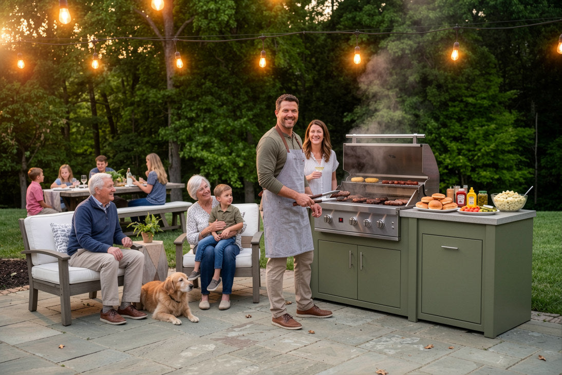 An outdoor evening patio scene with a large charcoal grill in olive green and stainless steel, with a smiling man and woman standing beside it while cooking. A family sits on patio chairs nearby, and warm string lights glow above the trees in the background.