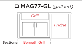 A black and white line drawing showing the layout of a MAG77-GL grill left section, with labeled parts including Grill, Fridge, and Beneath Grill.