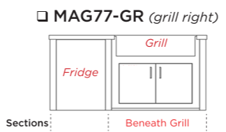 A black and white kitchen cabinetry section diagram labeled MAG77-GR (grill right), showing a fridge, grill cabinet, and two lower cabinets beneath the grill, with section labels.