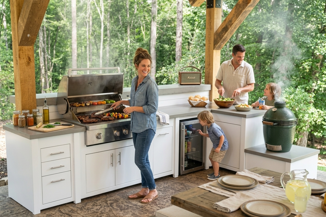 A family uses outdoor kitchen appliances on a covered porch with a forest background. A woman grills on a stainless steel gas grill, a man and child prepare food at a white counter, and a green kamado-style oven sits nearby.