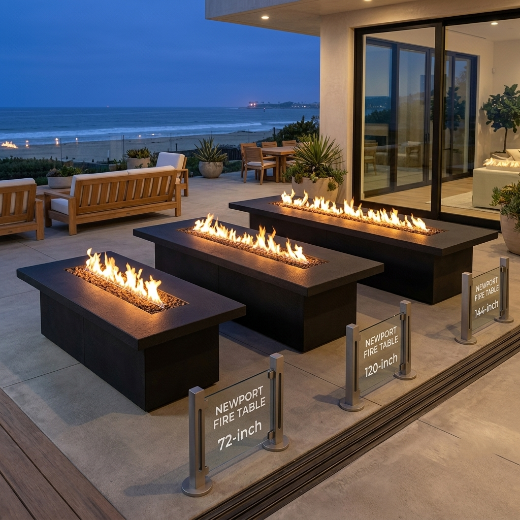 Outdoor fire tables on a patio with ocean view at dusk