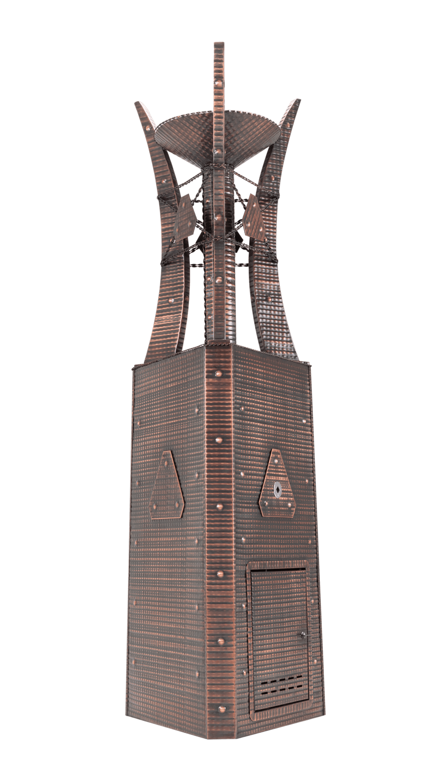 The Outdoor Plus 24-inch Triangular Bastille Fire Tower in Copper finish, angled view showing triangular base and decorative metalwork on white background