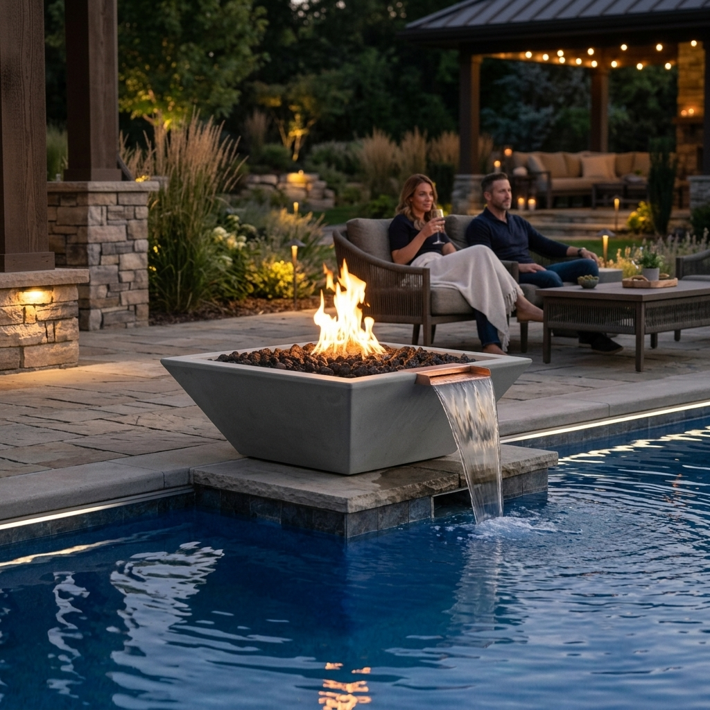 Two people sitting by a fire pit by a pool at night.