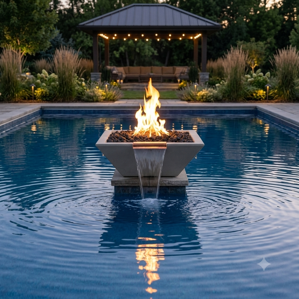 Fire pit in a pool with a gazebo in the background