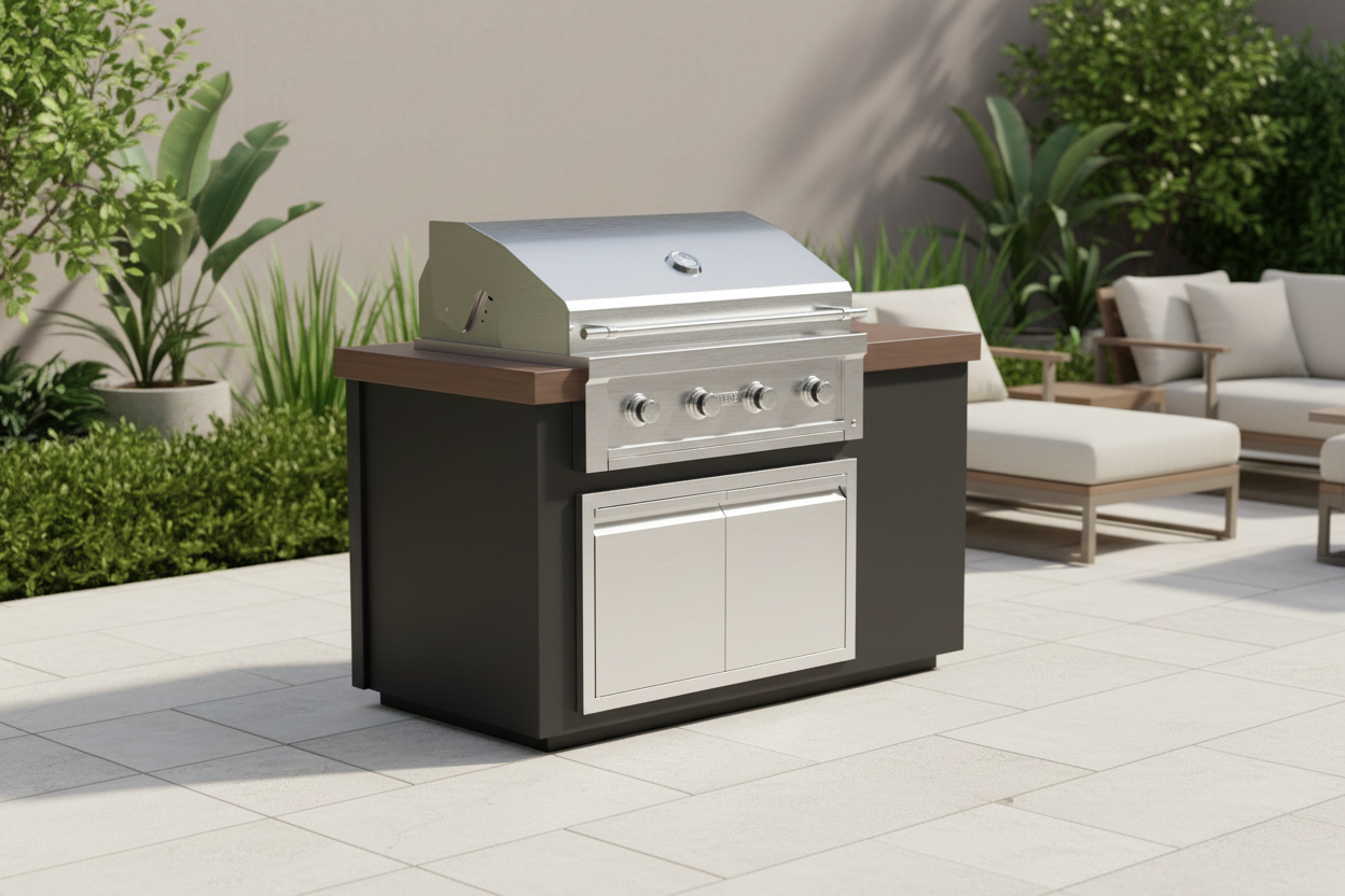 A stainless steel outdoor gas grill with a dark charcoal island base and brown wood-look countertops, shown on a light stone patio with plants and patio seating in the background.