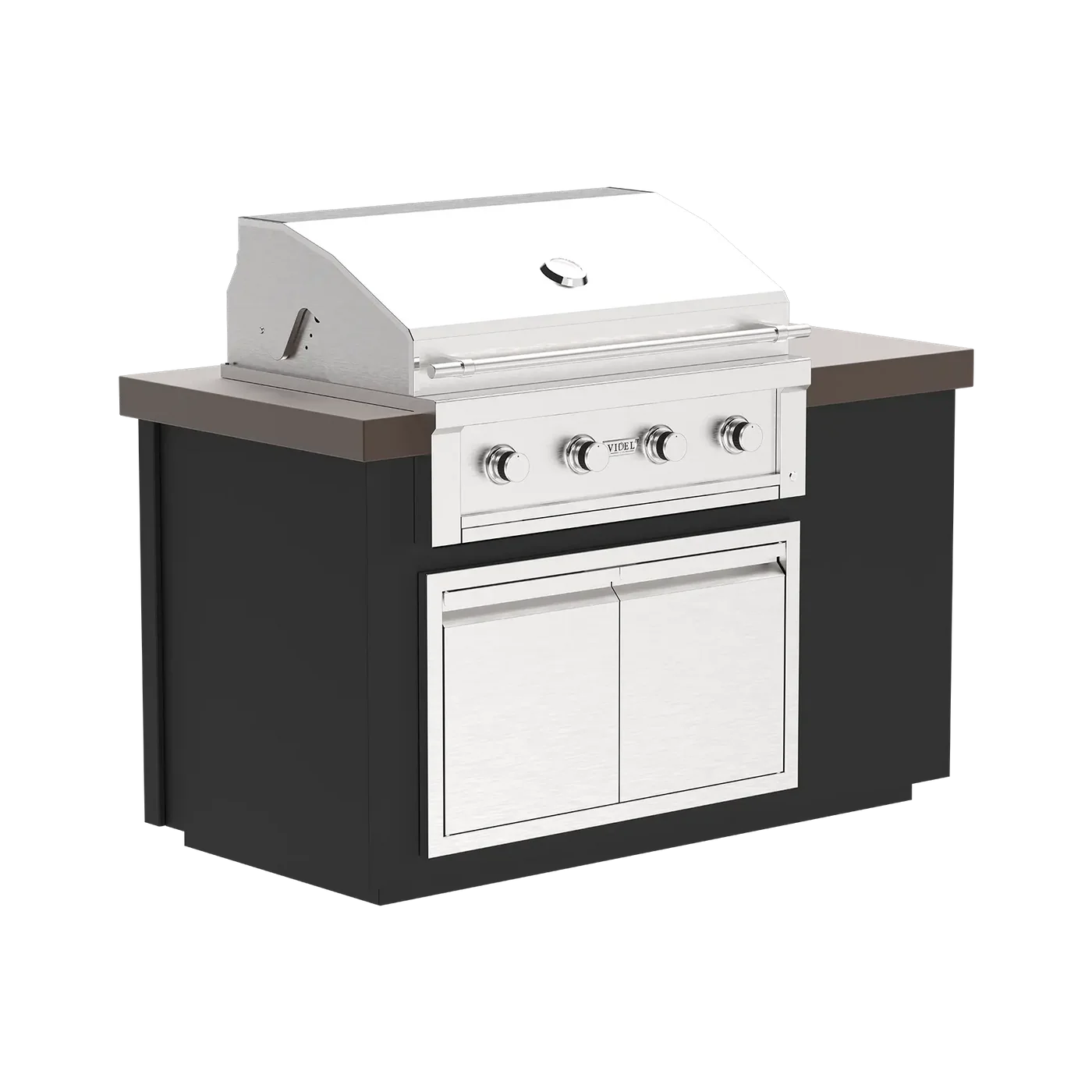 Outdoor kitchen island with grill and cabinets on a white background