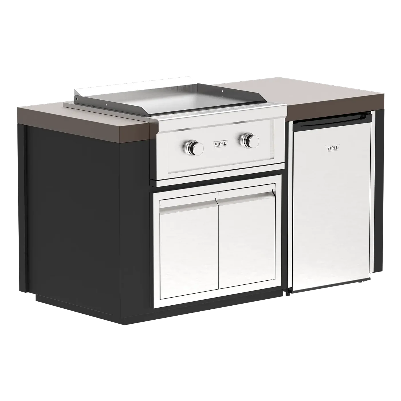 Outdoor kitchen island with grill and cabinets on a white background