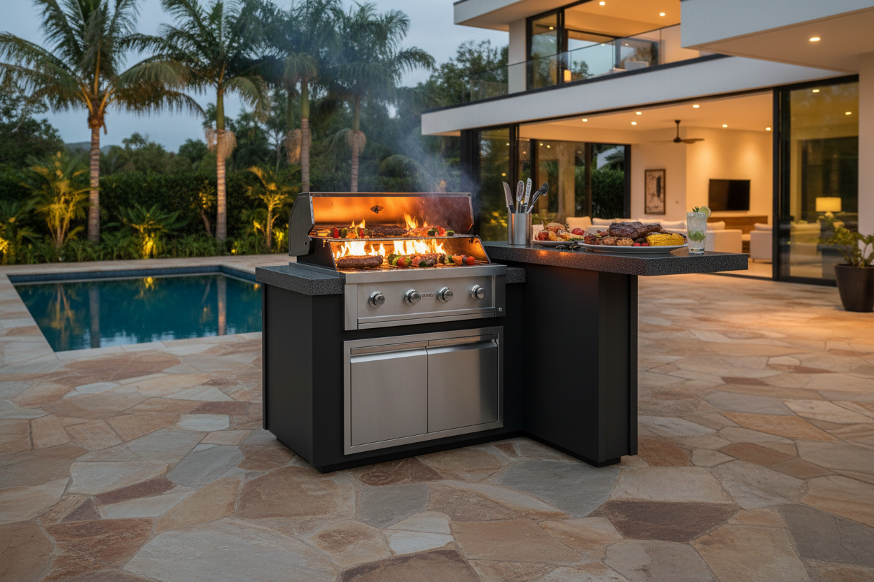 A large outdoor kitchen island with a stainless steel and black gas grill and built-in cooktop, set on a stone patio next to a swimming pool with palm trees and a modern house in the background.