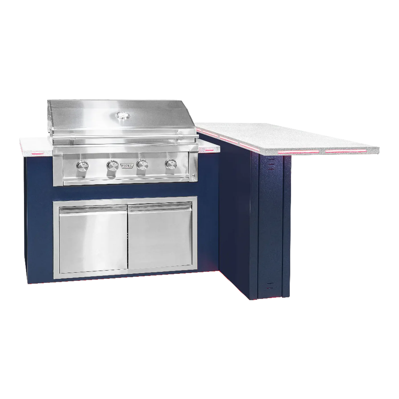 A stainless steel outdoor gas grill mounted on a dark blue cabinet base, with a matching stainless steel countertop extending to the right, shown on a plain white background.