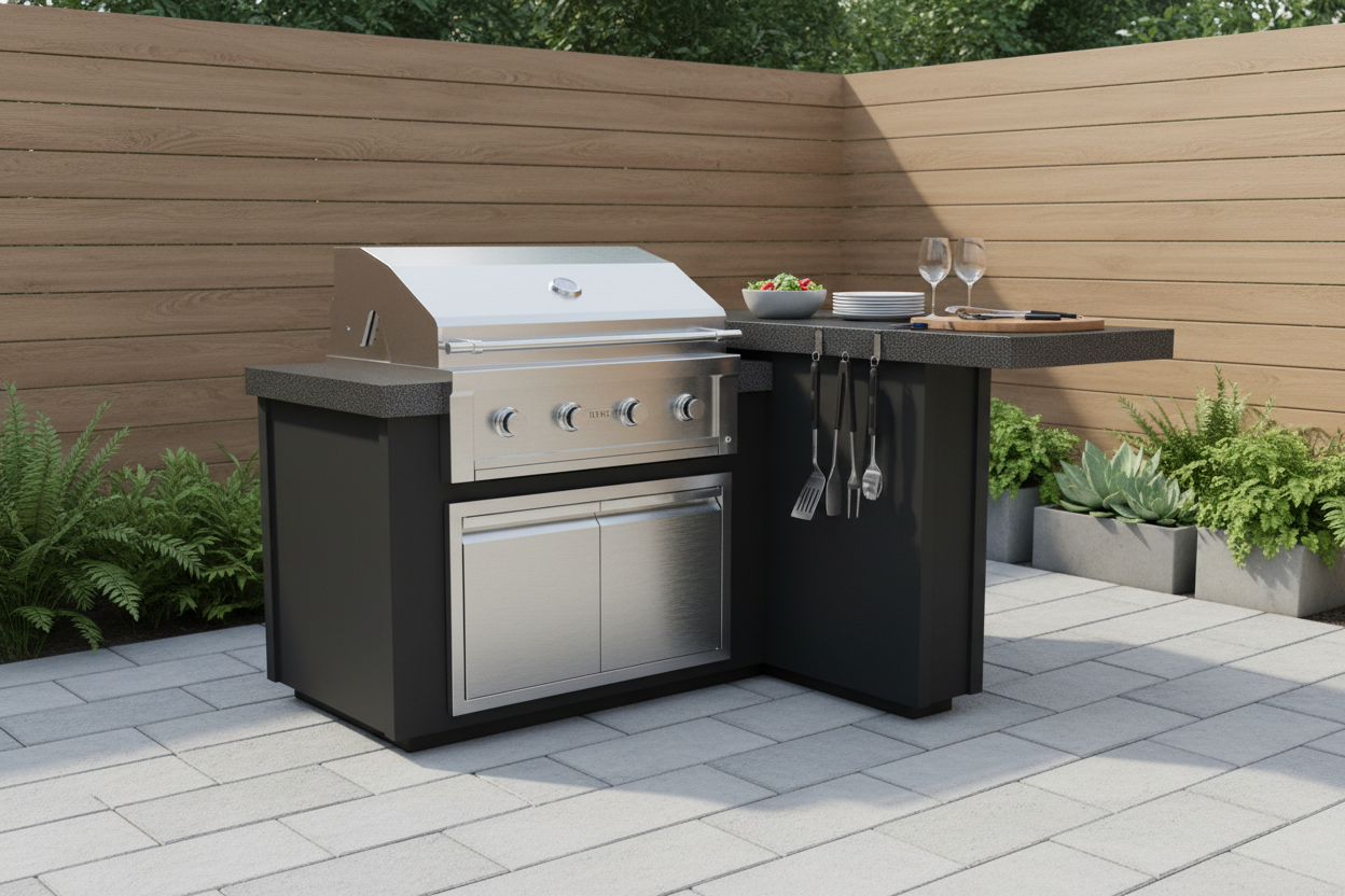 A stainless steel outdoor gas grill installed on a black L-shaped outdoor kitchen island with a side counter, set on a paved patio against a wooden fence.