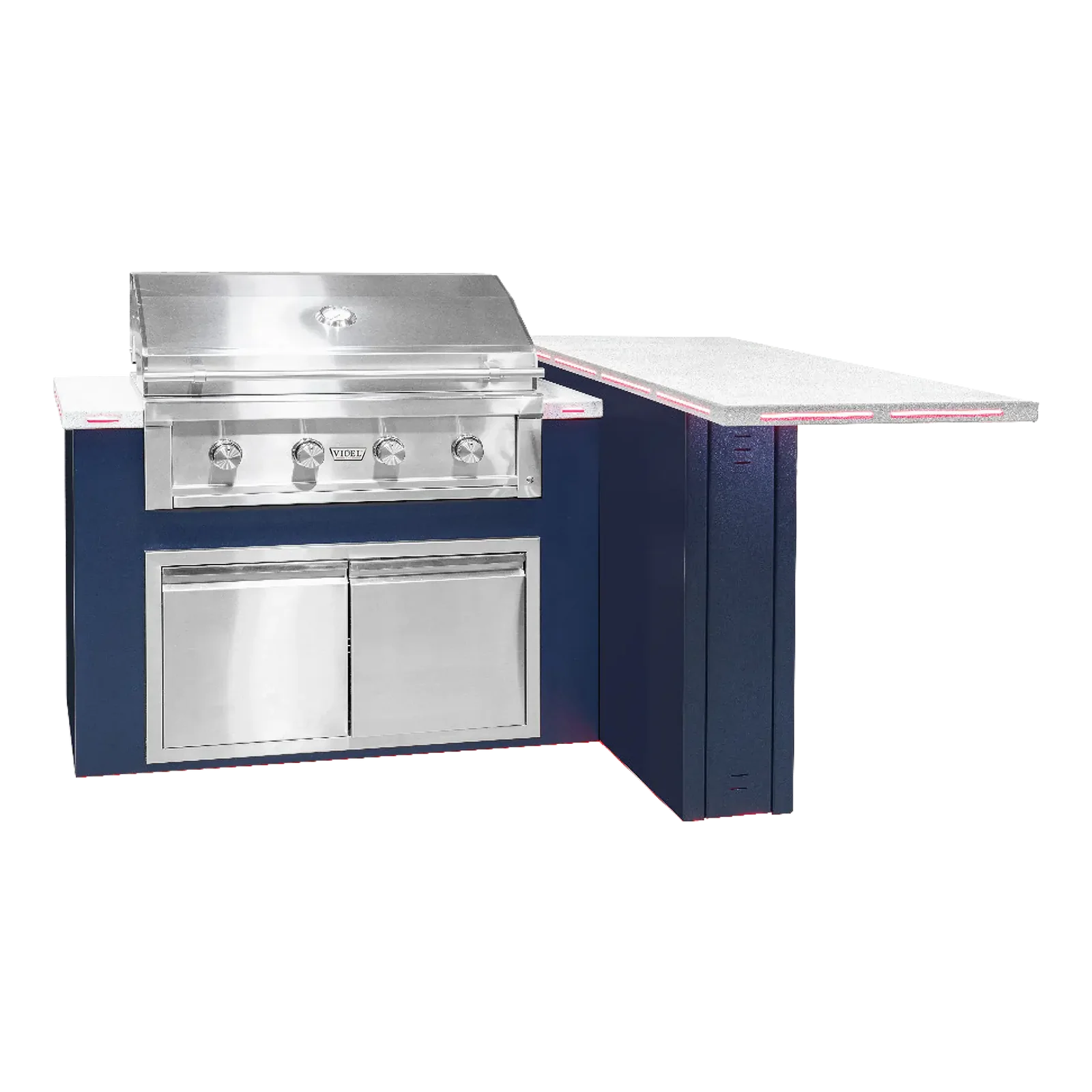Outdoor kitchen grill and counter with blue base and white countertop on a white background