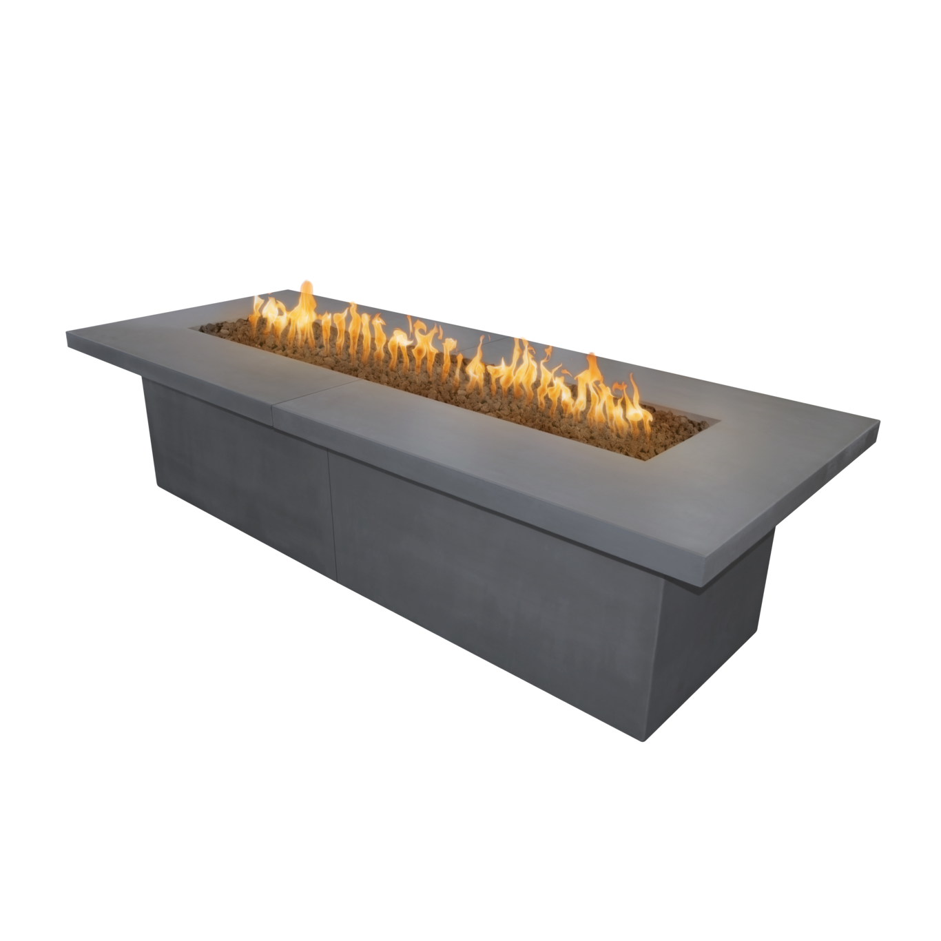 Rectangular fire pit table with flames on a white background