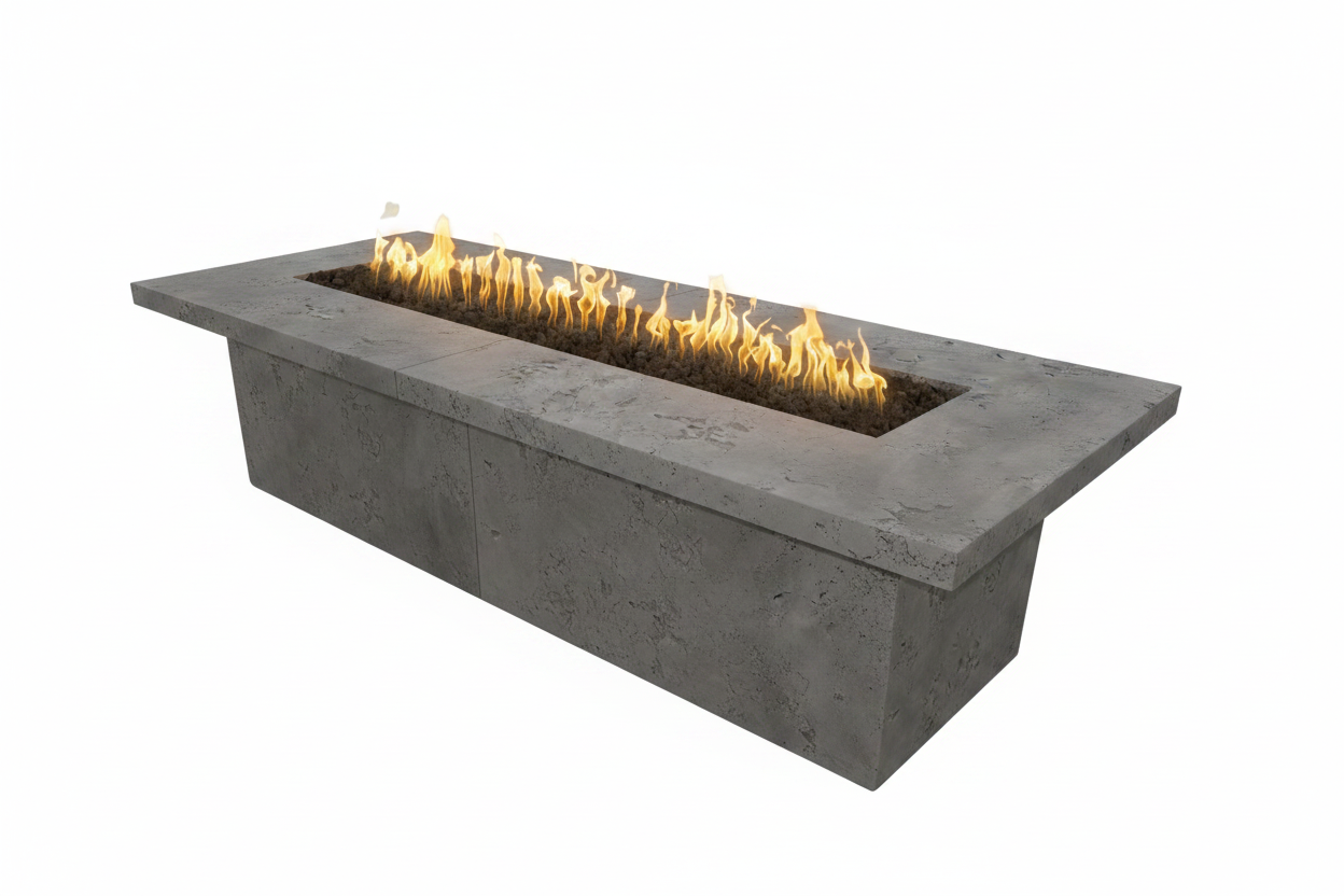 Concrete fire pit with flames on a white background