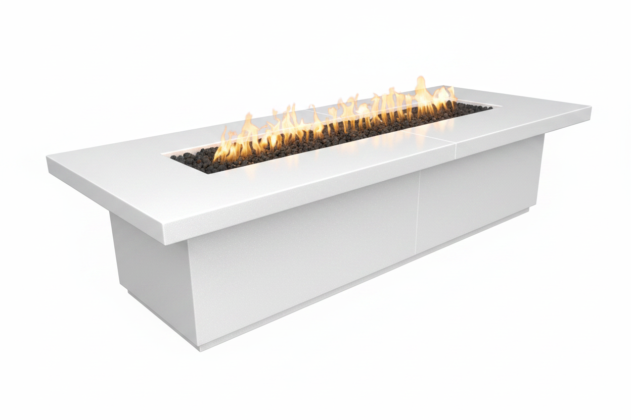 Modern white fire pit table with flames on a white background