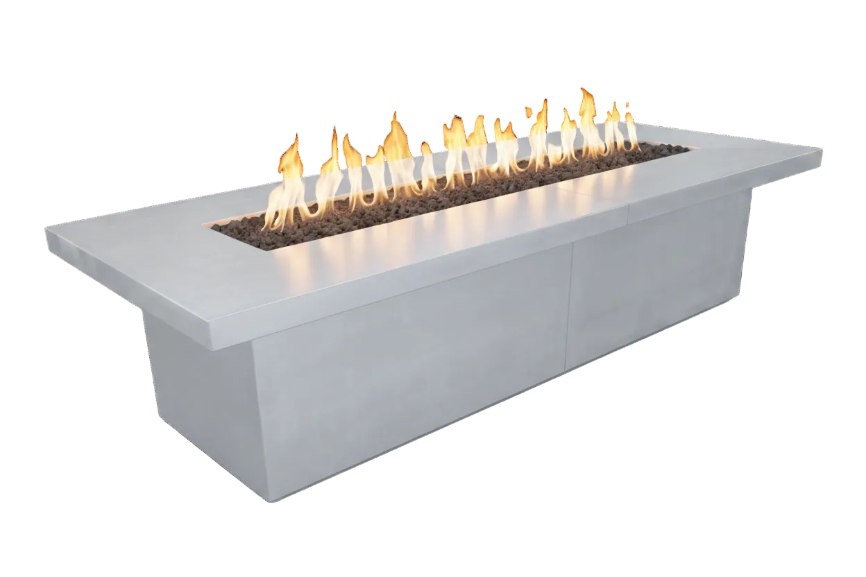 Rectangular fire pit with flames on a black background