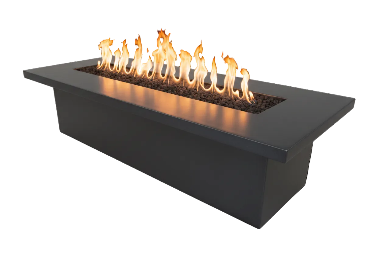 Modern fire pit table with flames on a black background