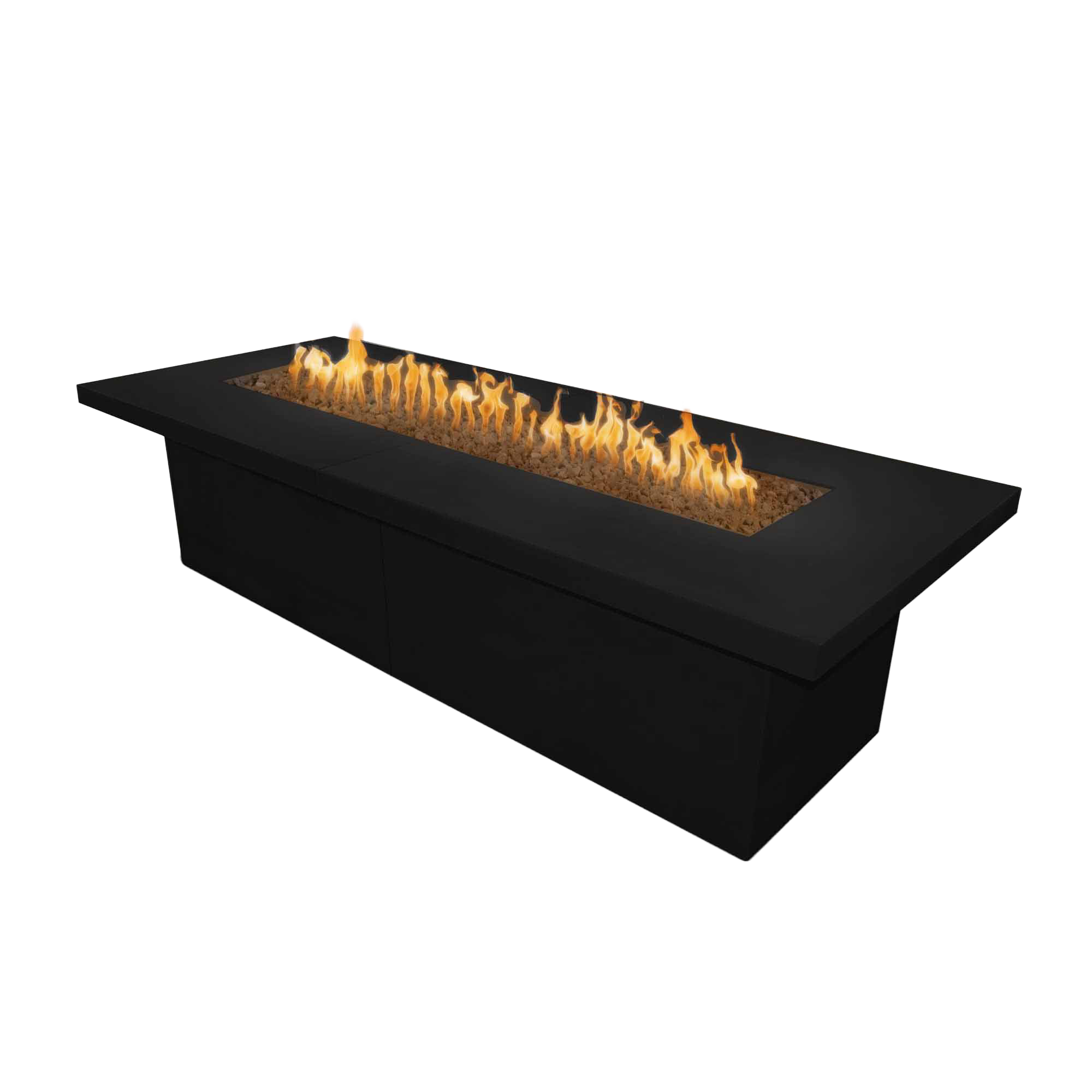 Rectangular fire pit table with flames on a white background