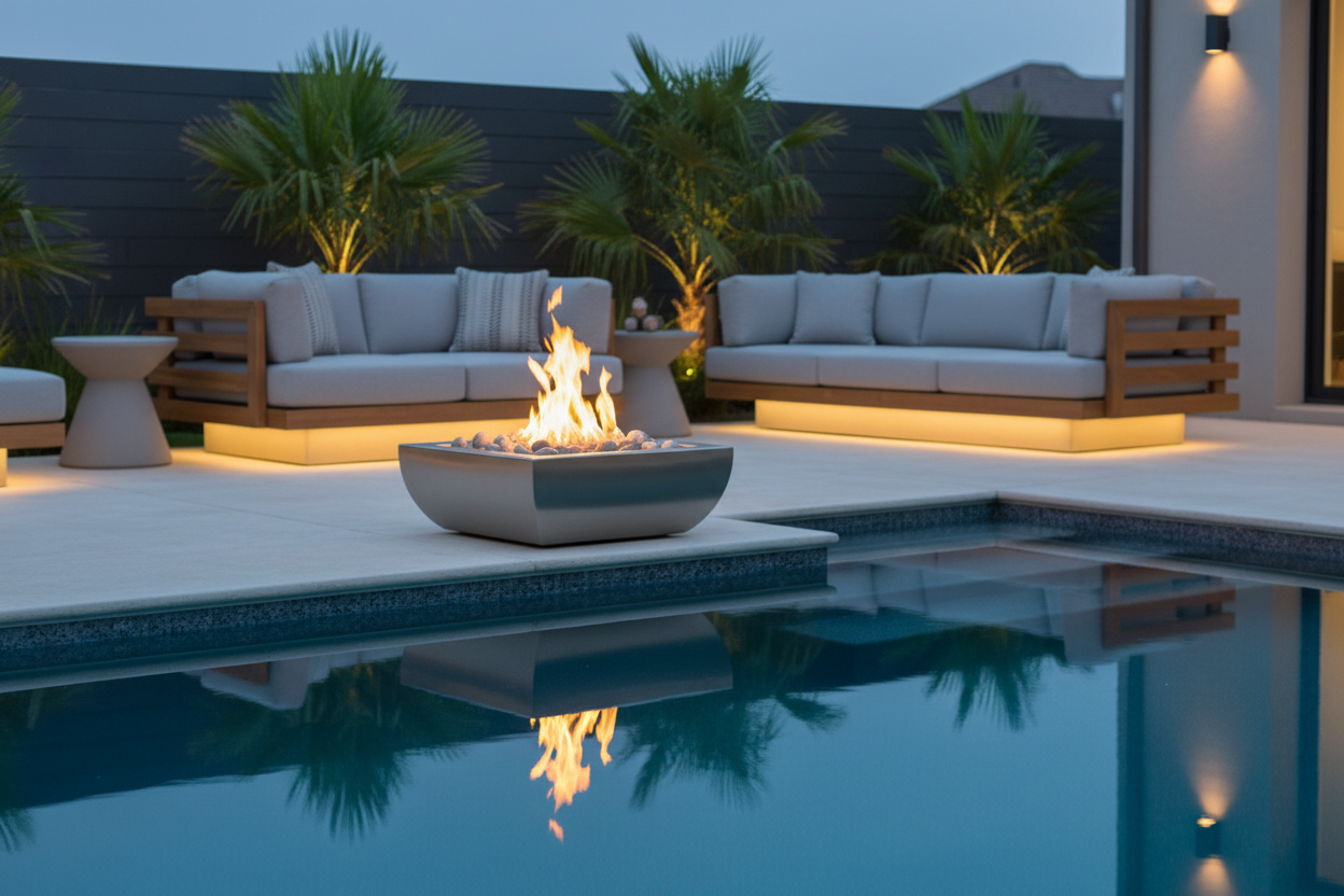 Modern outdoor patio scene at dusk with two low wooden sofas, a round fire pit with visible flames, palm plants, and a swimming pool in the foreground.