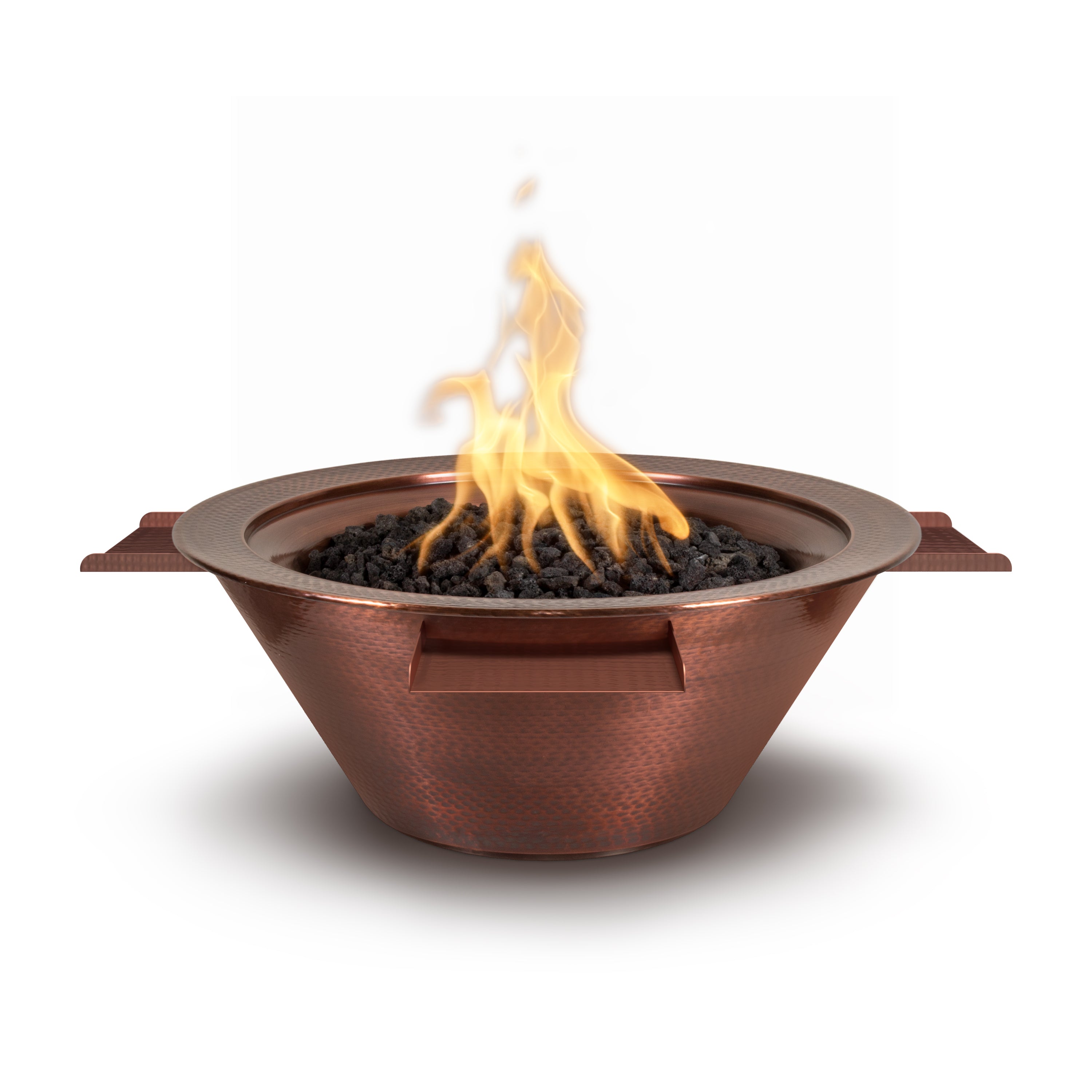 Copper fire pit with flames on a white background