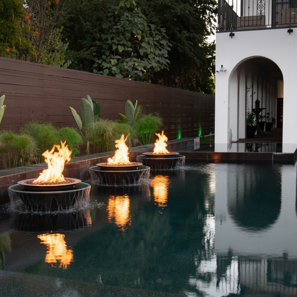 Three circular outdoor fire pits with active flames are arranged in a swimming pool at dusk, with water cascading over their edges. The scene is set in a luxurious backyard with a white building, dark wooden fence, and lush green plants.