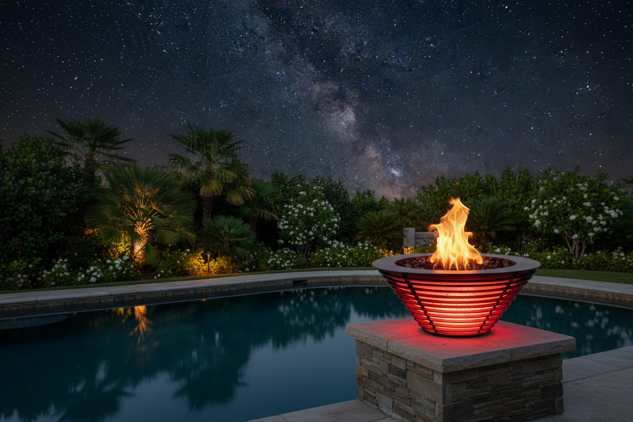 A modern outdoor fire pit bowl with glowing orange flames sits on a stone pedestal beside a swimming pool at night, with the starry Milky Way and palm trees reflected in the water.