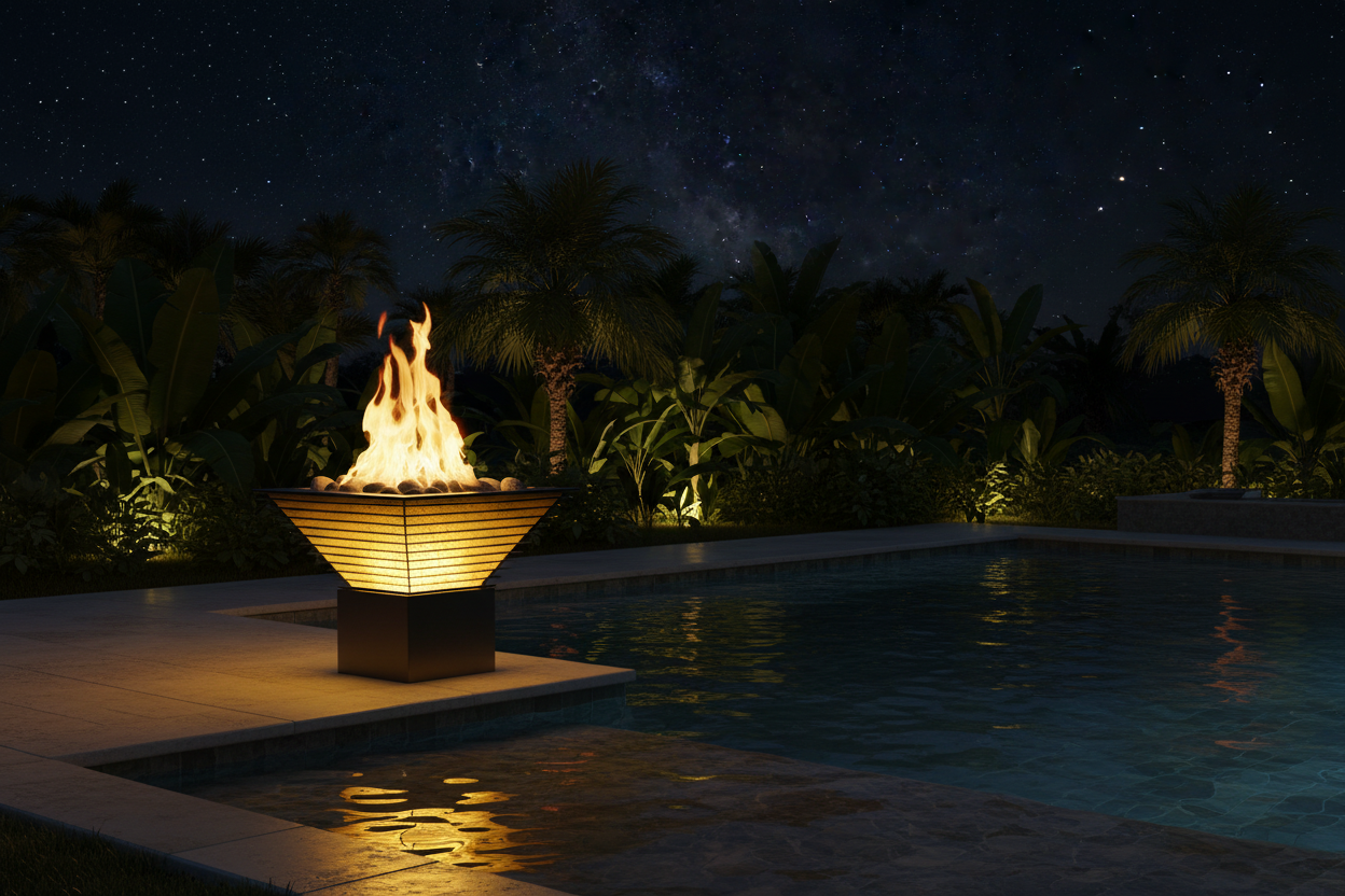 The Outdoor Plus Royal Edition Fire Bowl with golden yellow LED glow on modern outdoor patio at dusk, poolside garden setting