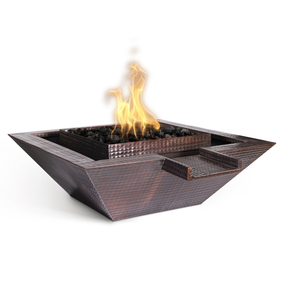 The Outdoor Plus Maya Square Copper Fire & Water Bowl – Gravity Spill, product shot on white background showing angular hammered copper bowl with black lava rocks and single gravity spill scupper