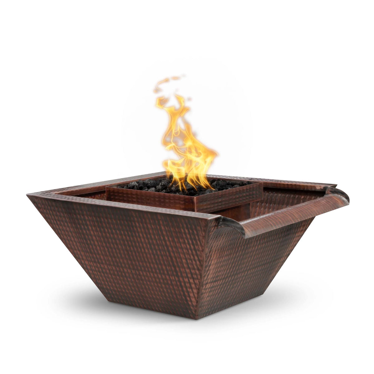 The Outdoor Plus Maya Square Hammered Copper Fire & Water Bowl – Wide Gravity Spill, product shot on white background showing tapered hammered copper bowl with black lava rocks and wide gravity spill scupper