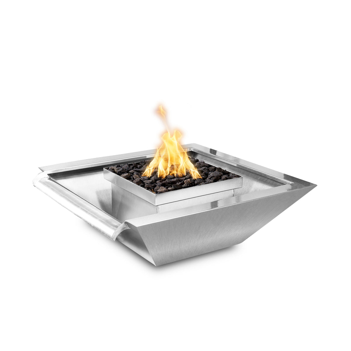 The Outdoor Plus Maya Square Stainless Steel Fire & Water Bowl – Gravity Spill, product shot on white background showing polished 304 stainless steel bowl with black lava rocks and wide gravity spill scupper