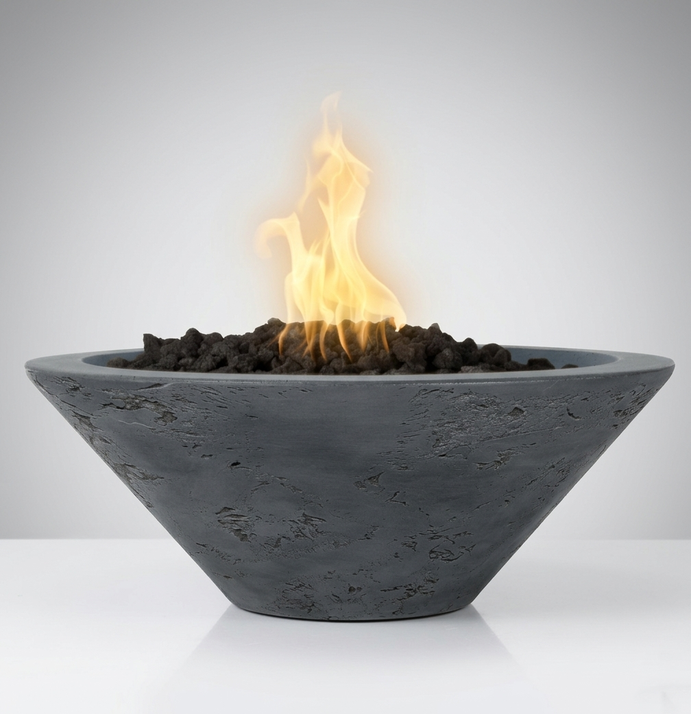 Outdoor Plus Round Cazo Fire Bowl in GFRC Concrete – Rustic Gray finish