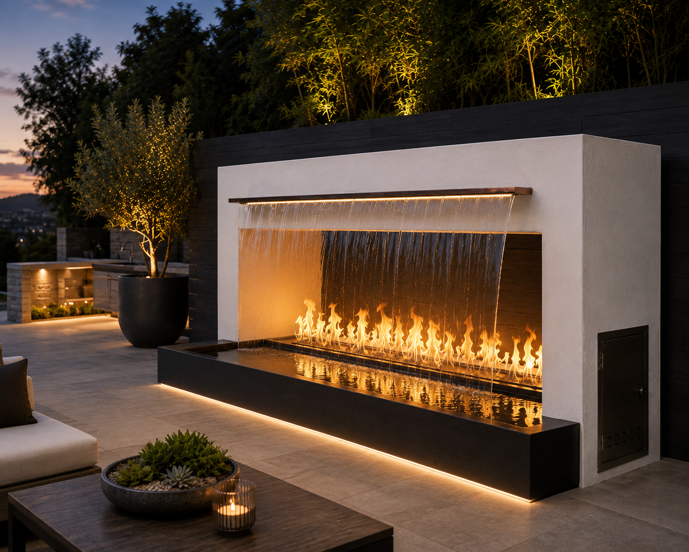 Modern outdoor fireplace wall with a waterfall effect, glowing linear flames, and warm under-glow on a stone patio at dusk.
