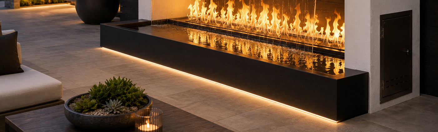 Modern outdoor fireplace wall with a waterfall effect, glowing linear flames, and warm under-glow on a stone patio at dusk.