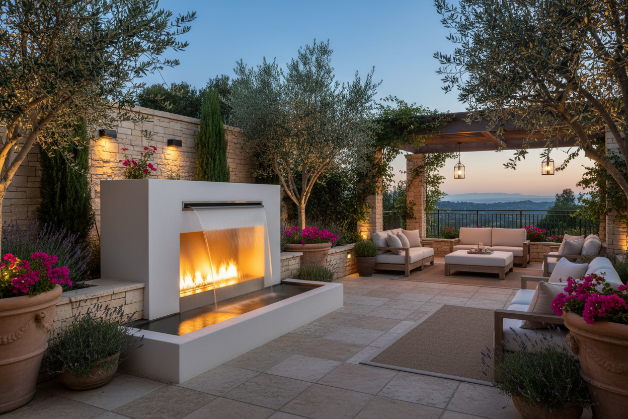 Modern outdoor fireplace with a warm fire visible inside, set in a stone patio backyard with olive trees, outdoor seating, and a pergola at dusk.