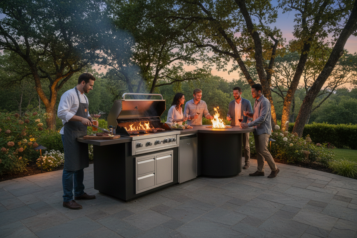 An outdoor patio scene at dusk with several people gathered around a large stainless steel outdoor kitchen island set, including a gas grill with visible flames and a fire table. Trees, garden beds, and paving stones are visible in the background.
