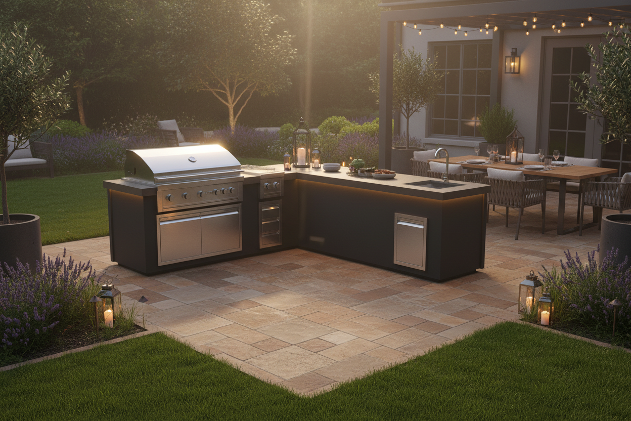 An outdoor kitchen island set with a stainless steel gas grill on the left and dark charcoal cabinetry with a built-in sink and prep area on the right, situated on a stone patio in a landscaped backyard with a house and dining area in the background.