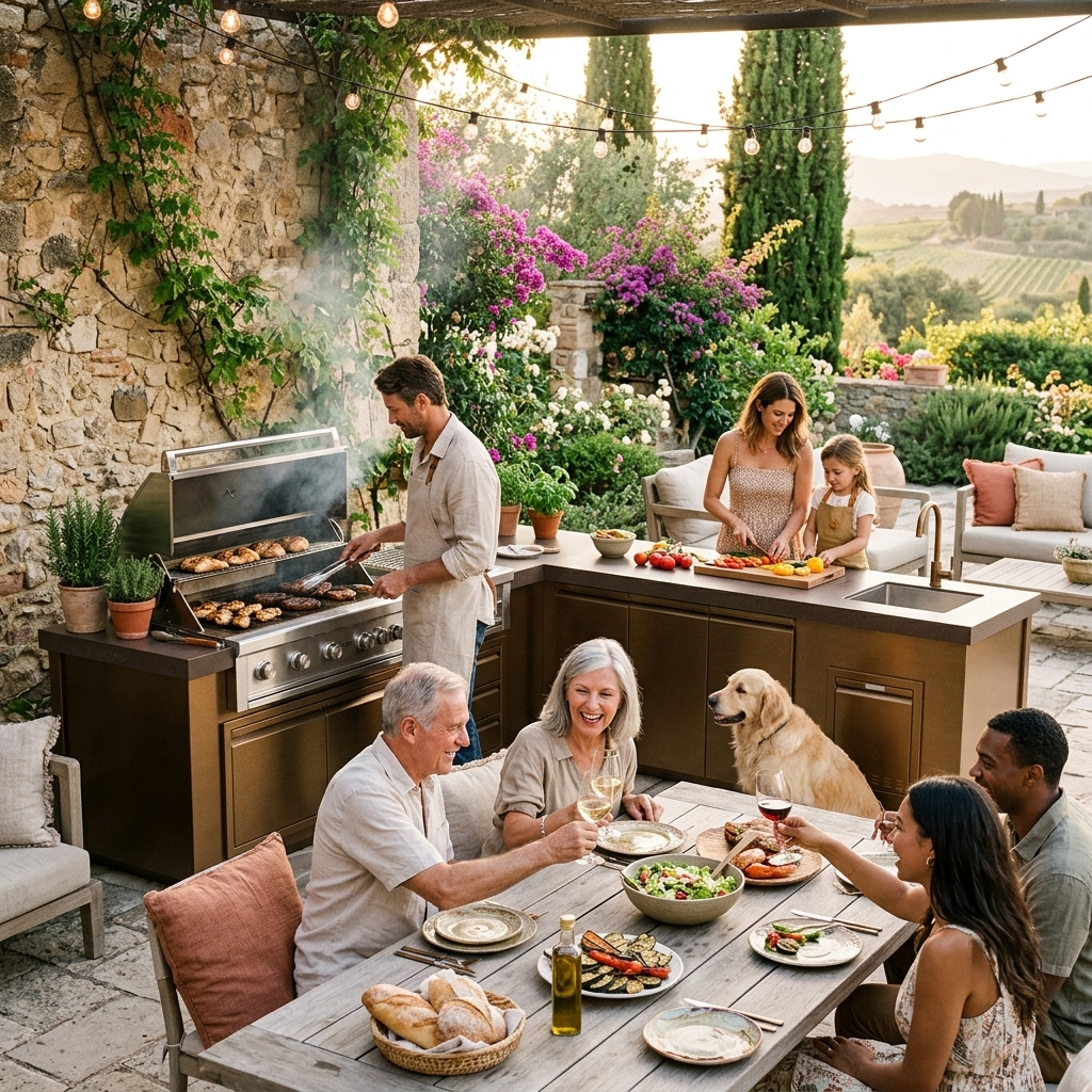 A family enjoys a barbecue and dinner together in a beautifully landscaped outdoor patio setting. A man grills on a stainless steel barbecue grill while a woman prepares food at a kitchen island.