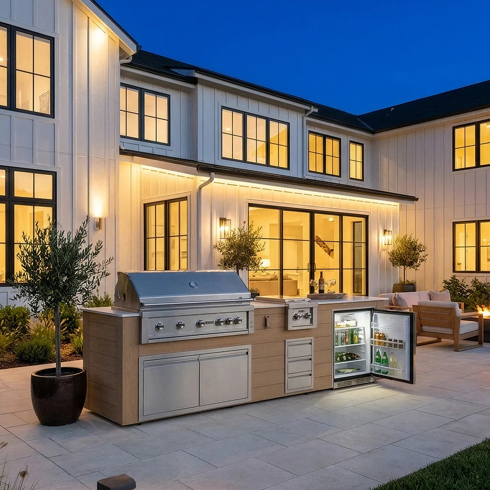 Outdoor kitchen area with grill and refrigerator in a well-lit house exterior.