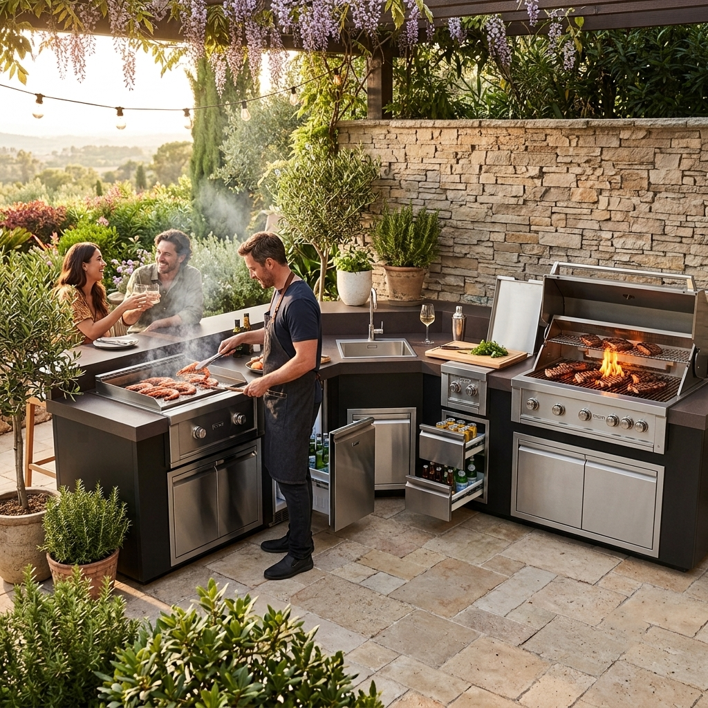 A large outdoor kitchen island set with a stainless steel grill, flat-top grill, sink, and refrigerator on a stone patio, with people cooking and dining under a pergola with wisteria flowers.