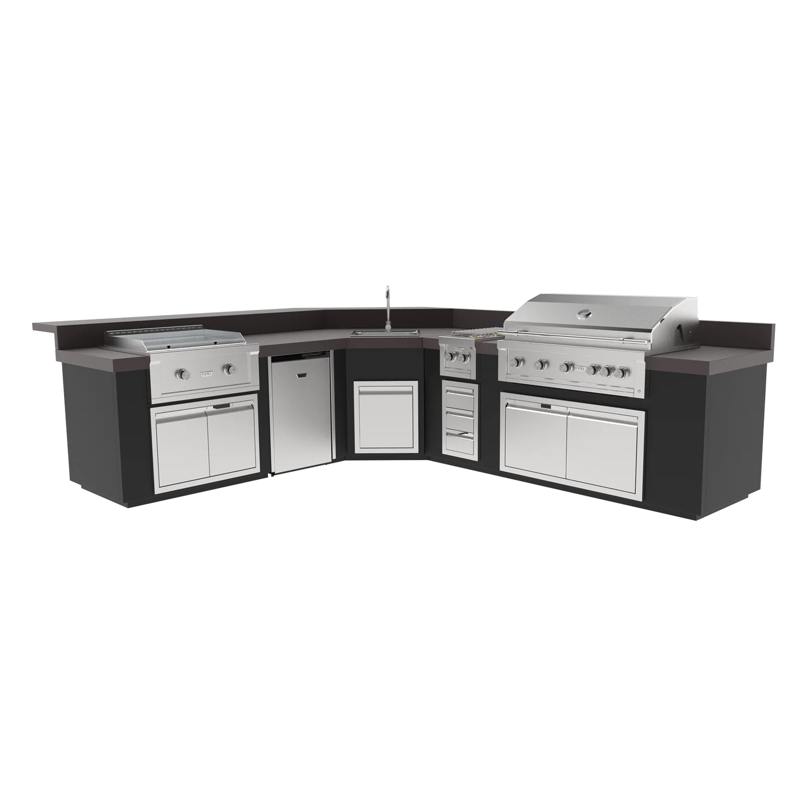Outdoor kitchen with black countertops, white cabinets, and a grill on a white background