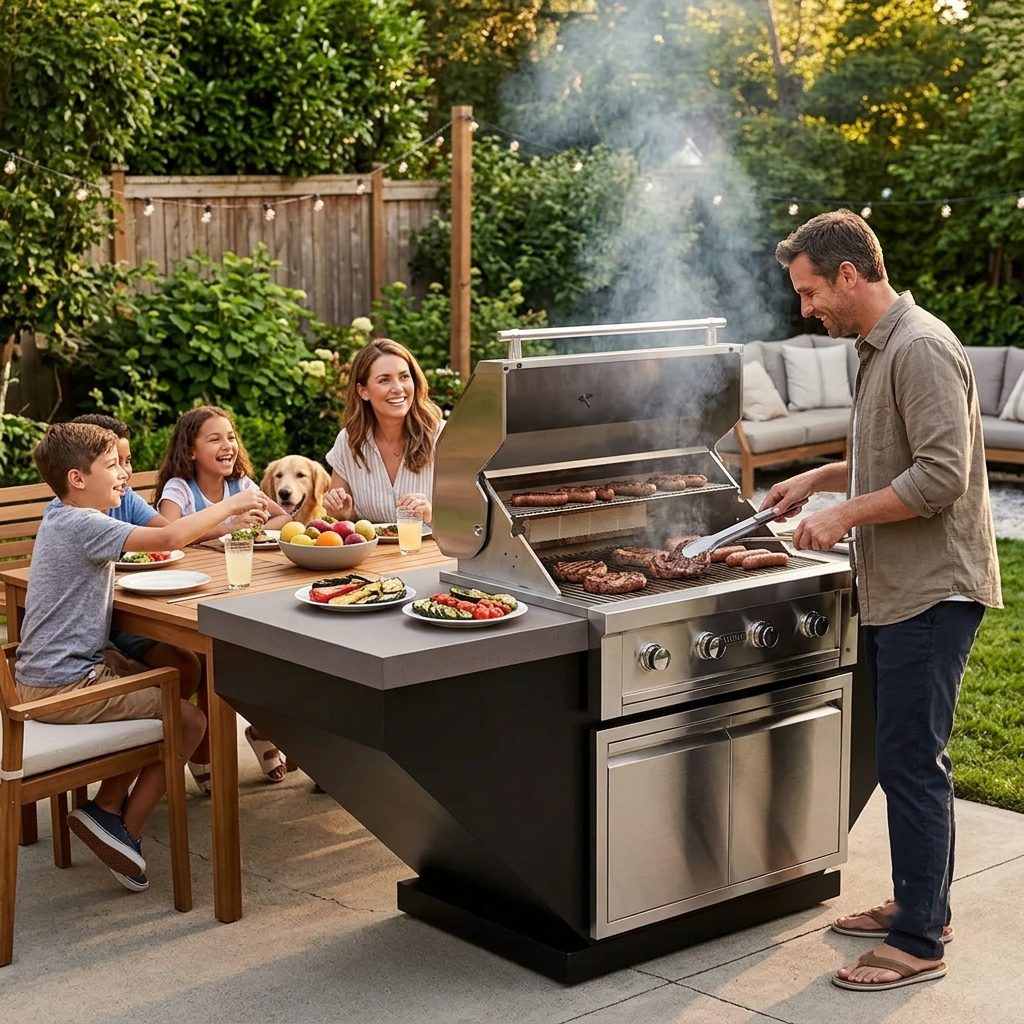 A large outdoor kitchen island grill with a built-in oven is shown on a patio during a backyard barbecue. A man is grilling steaks while a woman and two children sit at the adjacent wooden dining table, with a dog nearby.