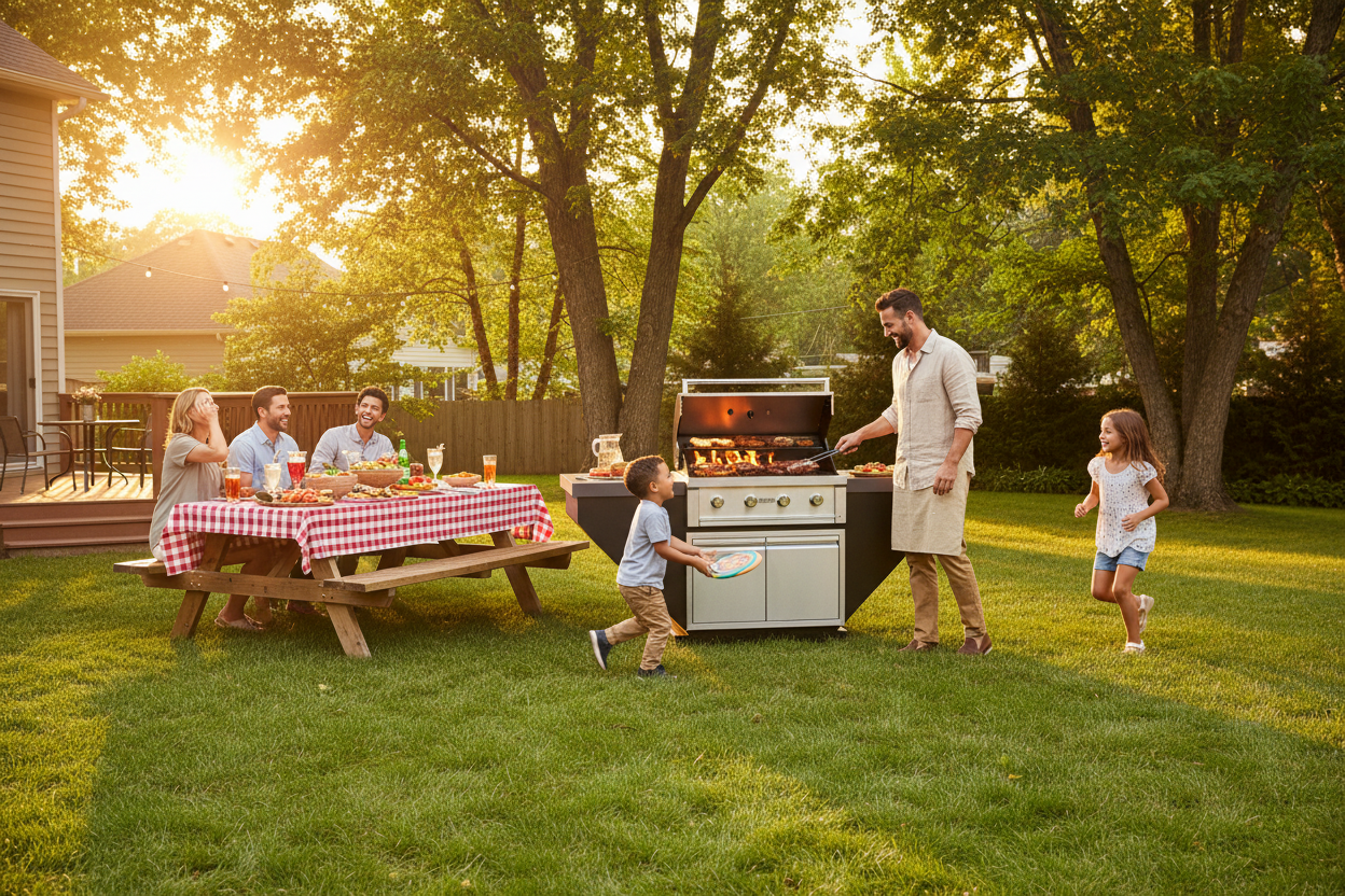 A family grilling and dining outdoors in a backyard during golden hour. A man stands by a large black and stainless steel gas grill next to a picnic table with a red-and-white checkered tablecloth, while two children run nearby on the grass.