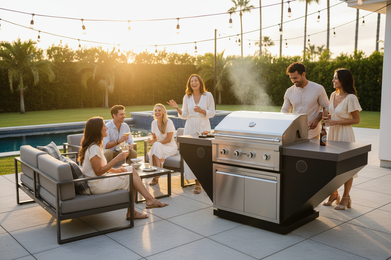 A stainless steel and black outdoor kitchen island grill with a built-in sink and side counter, shown on a patio at sunset with several people gathered around it near a pool and lounge chairs.