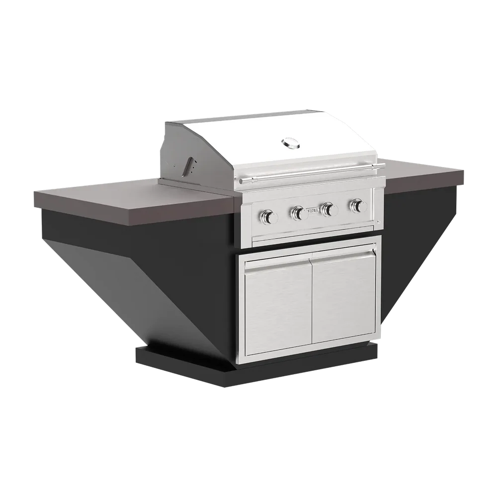 Videl USA 84" Luxe Legacy Complete BBQ Island with Audio - Gran Fuego 36" 4-Burner Grill with tapered cabinet design and double access doors