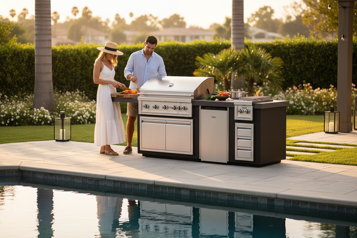 A stainless steel outdoor kitchen island with a built-in grill and refrigerator stands beside a swimming pool on a patio. A man and woman are standing at the grill, preparing food, with a luxurious backyard garden in the background during golden hour.