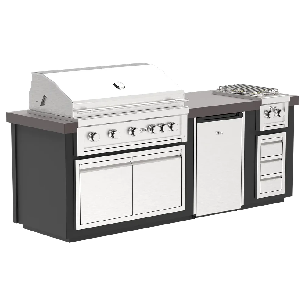 Videl USA 96" Luxe I Complete BBQ Island - Gran Fuego 42" 5-Burner Grill, Fuego I Double Side Burner, refrigerator, and triple access drawers
